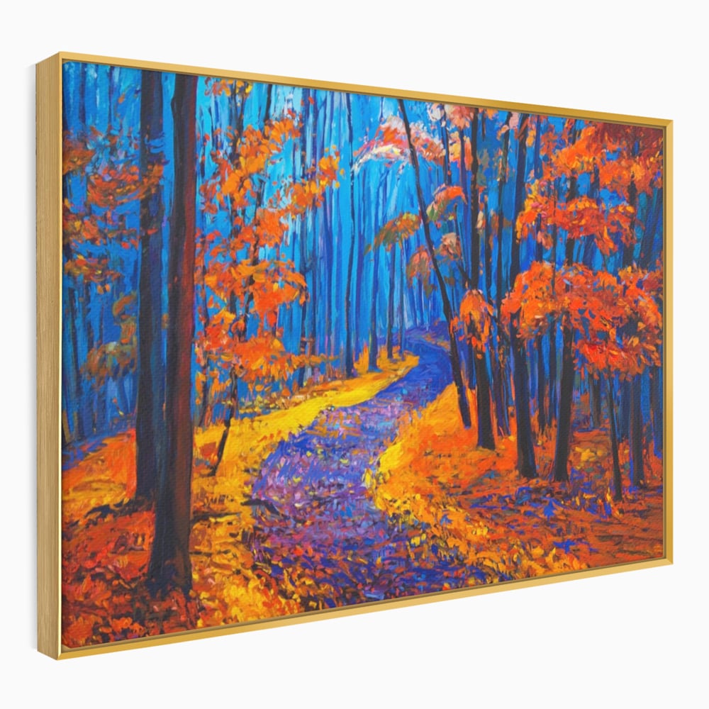 Tablou canvas cu pictura cu padure de toamna si poteca, in rama de aluminiu auriu